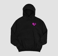 a black hoodie with a pink heart on it