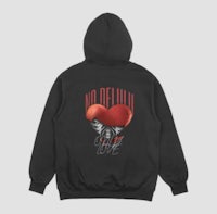 a black hoodie with a red heart on it